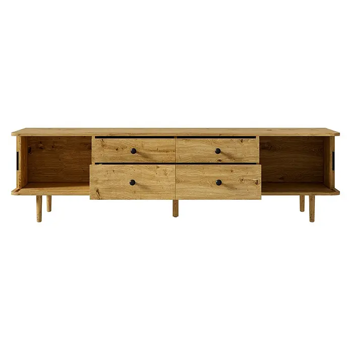 SONNENH Kommode 165 x 40 x 46 cm, Holzoptik -  - Helles Sideboard aus Eiche mit vier Schubladen, zwei offenen Fächern, schwarzen Knöpfen und konischen Beinen.