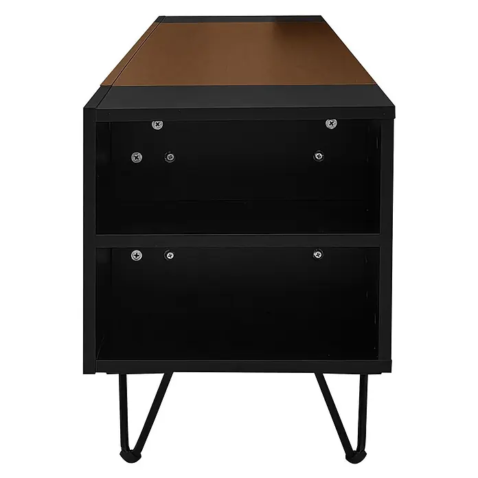 SONNENH Kommode 180 x 36 x 43 cm, Schwarz/Holzoptik -  - Schwarzer zweistöckiger Schrank mit brauner Platte und schwarzen Haarnadelbeinen. Sichtbare Schrauben in den Regalen.