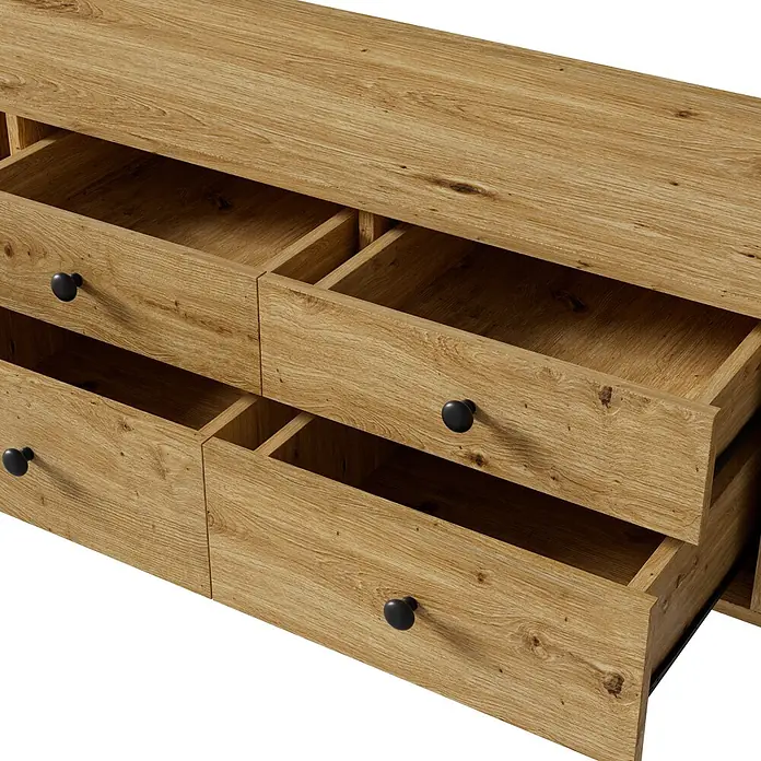SONNENH Kommode 165 x 40 x 46 cm, Holzoptik -  - Hellbraune Schubladenkommode mit mehreren geöffneten Schubladen und schwarzen Knöpfen.