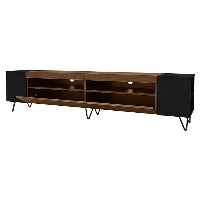 SONNENH Kommode 180 x 36 x 43 cm, Schwarz/Holzoptik -  - Braune und schwarze Medienkonsole mit offenen Fächern, zwei geöffneten Bodentüren und schwarzen Haarnadelbeinen.