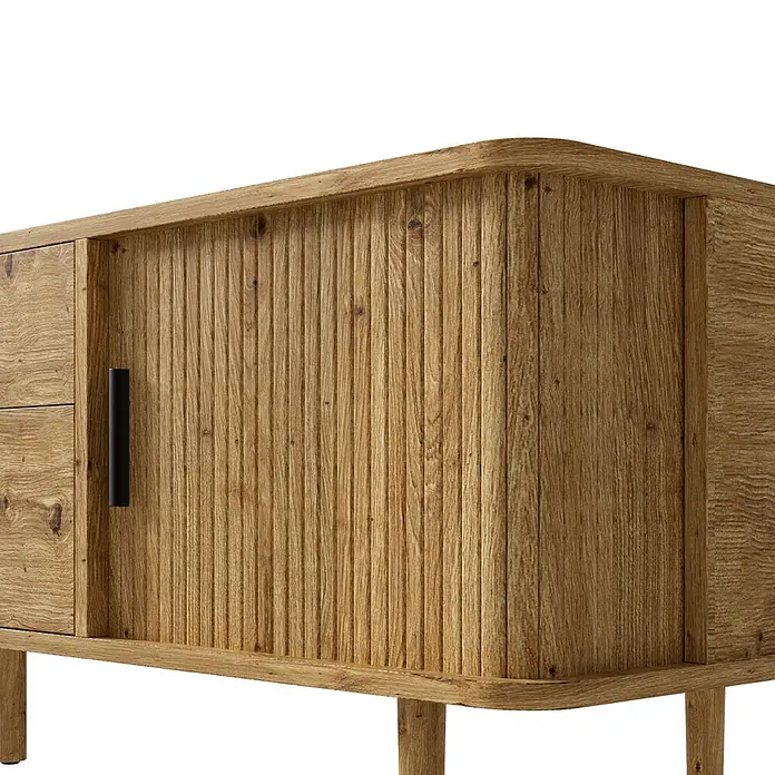 SONNENH Kommode 165 x 40 x 46 cm, Holzoptik -  - Helles Eichen-Sideboard mit geriffelten Türen und schwarzem Griff, abgerundete Ecken.