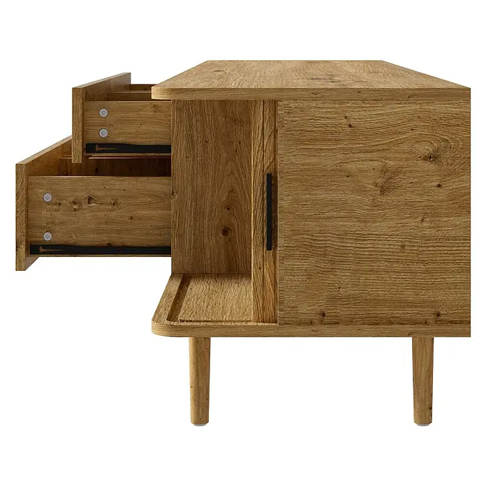 SONNENH Kommode 165 x 40 x 46 cm, Holzoptik -  - Hellbrauner Holzschrank mit zwei geöffneten Schubladen, einer geschlossenen Tür mit schwarzem Griff und konischen Beinen.
