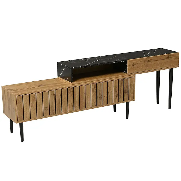 SONNENH Kommode 129 x 30 x 58 cm, Natur -  - Modernes asymmetrisches TV-Möbel mit hellem Holzfinish, Lamellentüren, schwarzer Marmoroptikplatte und konischen schwarzen Beinen.