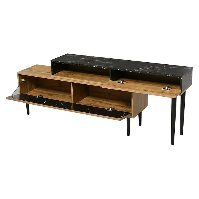 SONNENH Kommode 129 x 30 x 58 cm, Natur -  - Zweistufiges TV-Board aus Eichenholzoptik und schwarzer Marmoroberfläche, mit offenen Fächern und Klapptüren auf schwarzen Beinen.