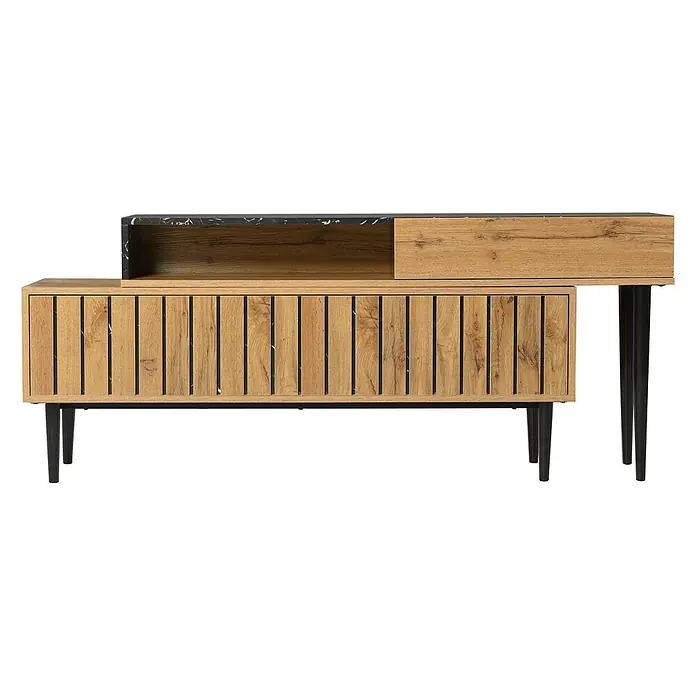 SONNENH Kommode 129 x 30 x 58 cm, Natur -  - Heller Holz-Konsolentisch mit Lamellenschrank, offenem Fach, Schublade und schwarzen Marmorakzenten auf schwarzen Beinen.