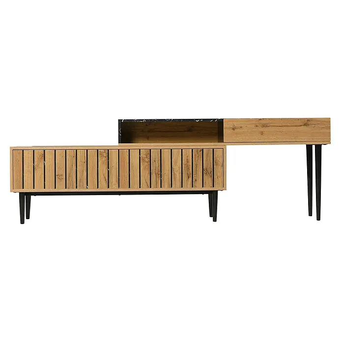 SONNENH Kommode 129 x 30 x 58 cm, Natur -  - Asymmetrischer Konsolentisch aus hellem Holz mit schwarzem Marmoreffekt, Lamellentüren, offenem Fach und schwarzen Metallbeinen.