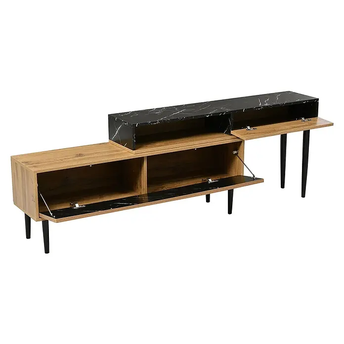 SONNENH Kommode 129 x 30 x 58 cm, Natur -  - Asymmetrisches TV-Möbel in Holz- und schwarzmarmorierter Optik. Mit offenen und verdeckten Fächern sowie Klapptüren.