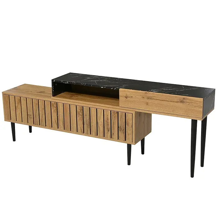 SONNENH Kommode 129 x 30 x 58 cm, Natur -  - Modernes TV-Möbel mit geripptem hellem Holzschrank, schwarzer Marmorplatte und schwarzen Beinen, asymmetrisches Design.