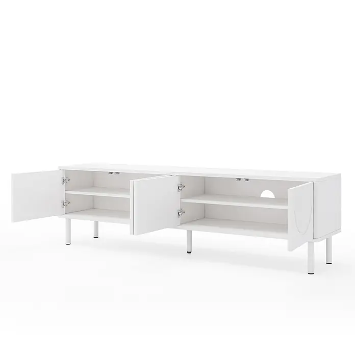 SONNENH Kommode 180 x 40 x 52 cm, Weiß -  - Weiße Medienkonsole mit zwei offenen Türen, die Innenablagen, Kabelführung und kurze Beine zeigen.