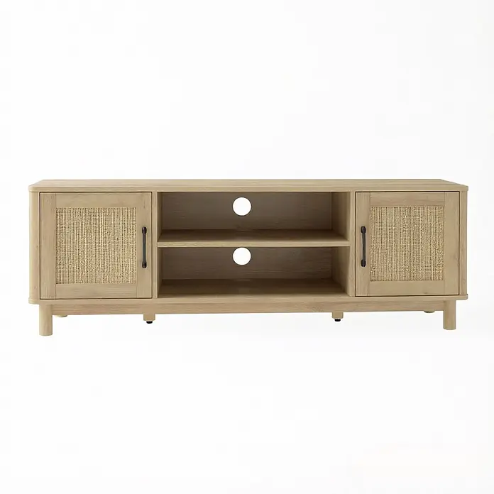 SONNENH TV-Lowboard 135 x 39 x 45 cm, Eichenoptik -  - Heller TV-Schrank aus Holz mit zwei Rattan-Türen, zwei offenen Fächern und schwarzen Griffen.