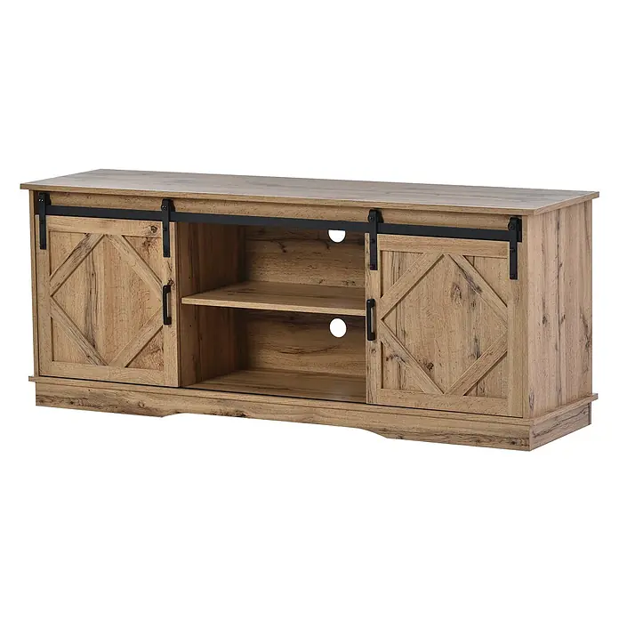 SONNENH TV-Sideboard 150 x 40 x 60 cm, Braun -  - Rustikaler, hellbrauner TV-Schrank aus Holz mit schwarzen Schiebetüren im Scheunentor-Stil und offenen Mittelfächern.