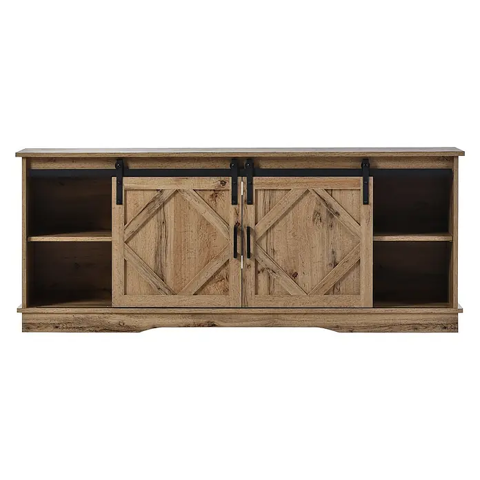 SONNENH TV-Sideboard 150 x 40 x 60 cm, Braun -  - Rustikaler hellbrauner TV-Schrank aus Holz mit zwei Schiebetüren und offenen Fächern.