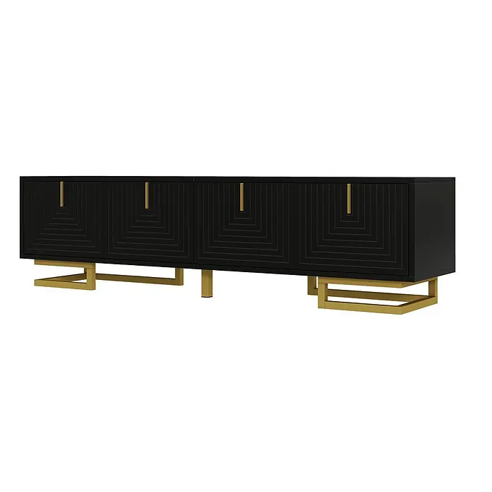 SONNENH Kommode 160 x 38 x 44,5 cm, Schwarz -  - Schwarzes Sideboard mit geometrischen Paneeltüren, goldenen Griffen und Beinen.