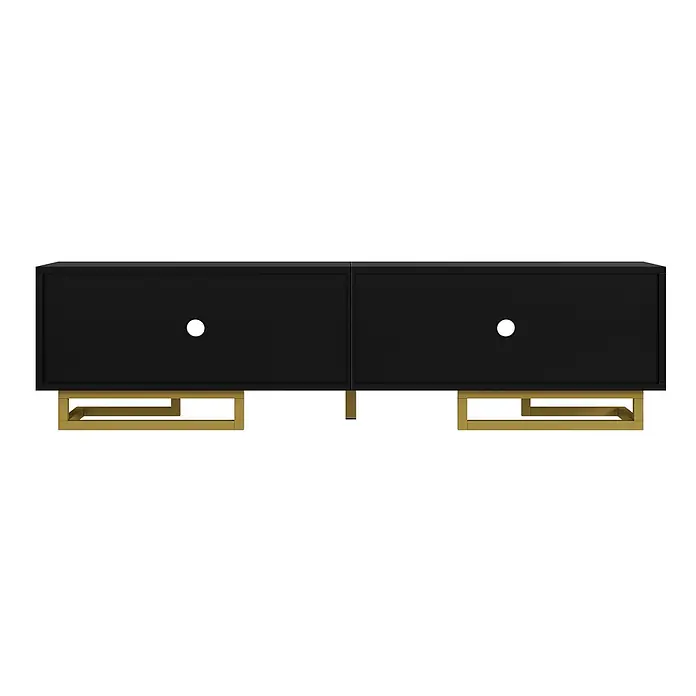 SONNENH Kommode 160 x 38 x 44,5 cm, Schwarz -  - Schwarzes Medienboard mit zwei Türen, jeweils mit runder Öffnung, und einem goldenen Metallgestell.