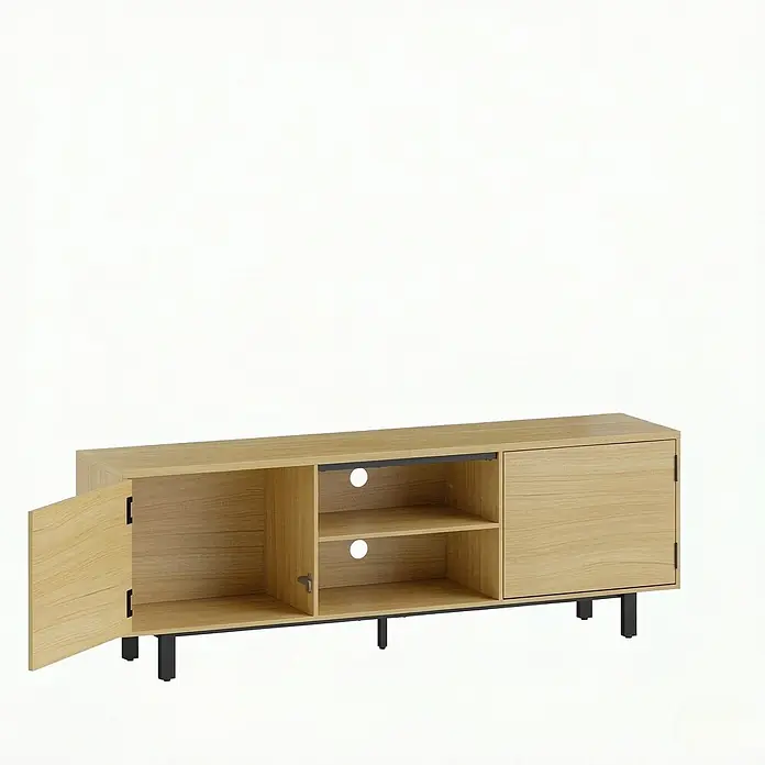 SONNENH TV-Lowboard 160 x 35 x 55,5 cm, Natur -  - Helles Holz-TV-Lowboard mit schwarzen Metallbeinen. Mit offener Ablage, zwei Regalböden mit Kabeldurchführungen und zwei Schranktüren.