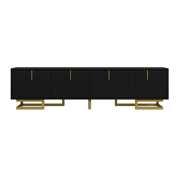 SONNENH Kommode 160 x 38 x 44,5 cm, Schwarz -  - Schwarzes Sideboard mit geometrisch gemusterten Türen, goldenen Griffen und modernem goldenen Untergestell.
