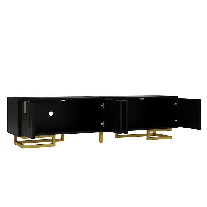 SONNENH Kommode 160 x 38 x 44,5 cm, Schwarz -  - Schwarzes modernes TV-Lowboard mit goldenen Metallbeinen, drei offene Türen zeigen Staufächer und eine runde Kabelöffnung.