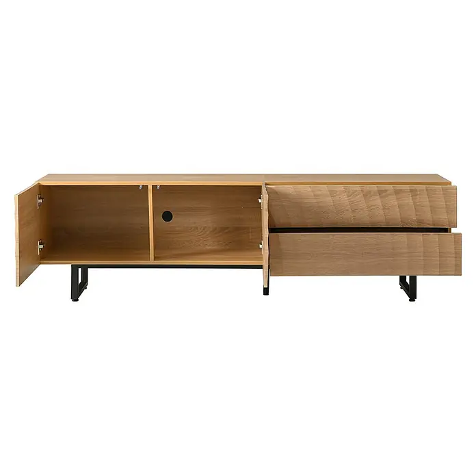 SONNENH Kommode 180 x 38 x 51,5 cm, Natur -  - Heller Holz-Medienkonsole mit zwei offenen Fächern, Kabelloch, zwei Schubladen und schwarzen Metallbeinen.