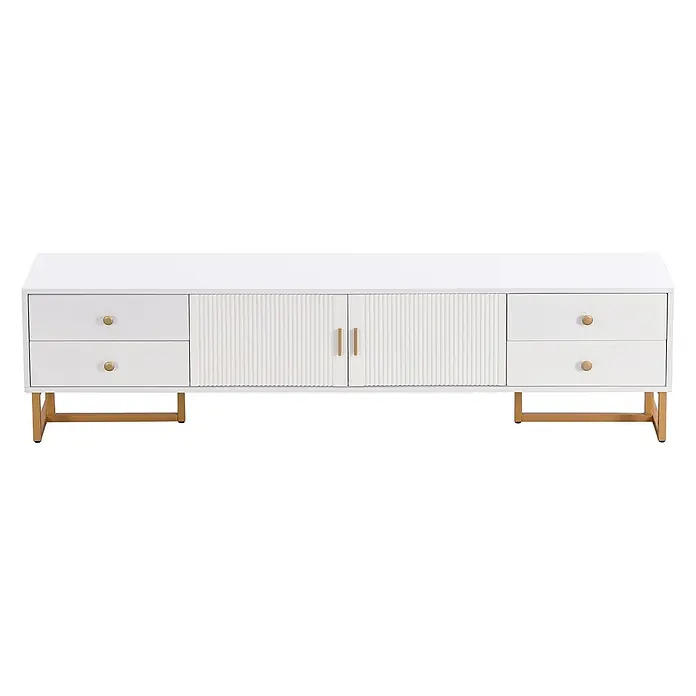 SONNENH Kommode 175 x 30 x 46 cm, Weiß -  - Weiße Konsole mit gerippten Schranktüren, goldenen Schubladengriffen und goldenen Vierkantbeinen.