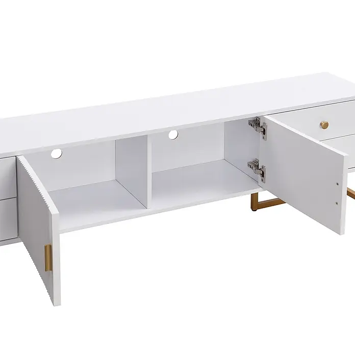 SONNENH Kommode 175 x 30 x 46 cm, Weiß -  - Weißer TV-Schrank mit offenen Staufächern, Schubladen und goldenen Akzenten. Mit Kabelführungsöffnungen.