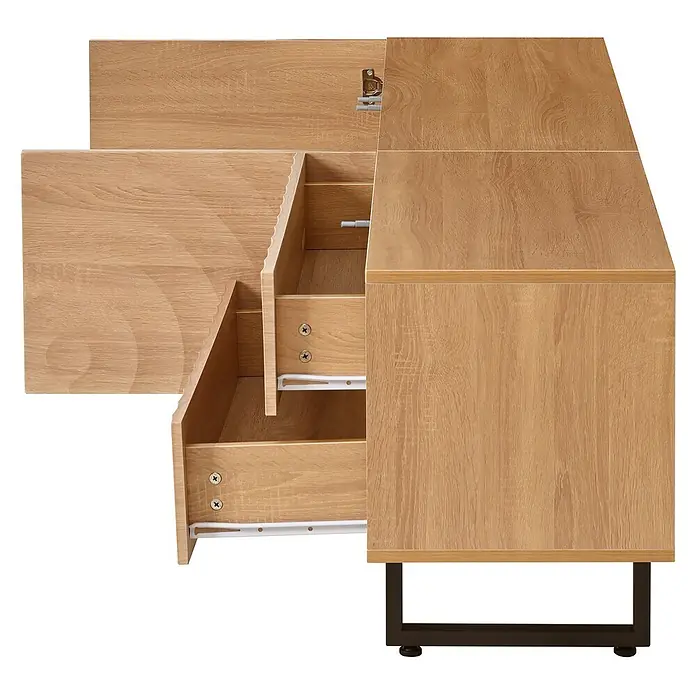 SONNENH Kommode 180 x 38 x 51,5 cm, Natur -  - Heller Holzschrank in Eichenoptik mit geöffneten Schubladen, die weiße Gleitschienen zeigen, und teilweise geöffneter Tür, auf einem dunklen Metallbein.