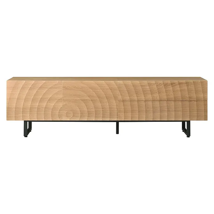 SONNENH Kommode 180 x 38 x 51,5 cm, Natur -  - Helles Sideboard aus Holz mit einzigartigem geschnitztem Wellenmuster auf der Vorderseite, auf schwarzen Metallbeinen.