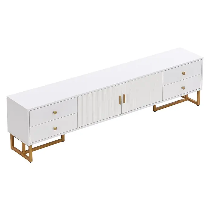 SONNENH Kommode 175 x 30 x 46 cm, Weiß -  - Weißer TV-Schrank mit geriffelten Schranktüren, vier Schubladen und goldenen Metallbeinen und Griffen. Moderne Medienkonsole.