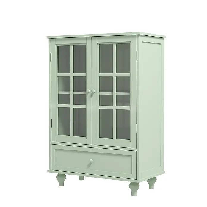 SONNENH Kommode 71 x 38 x 93 cm, Mintgrün -  - Hellgrüner Schrank mit zwei Glastüren oben, einer Schublade unten und Zierfüßen.