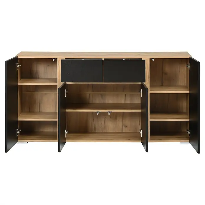 SONNENH Sideboard 140 x 35 x 70 cm, Schwarz -  - Hölzernes Sideboard mit offenen schwarzen Türen und Schubladen, das Innenfächer und Regale zeigt.