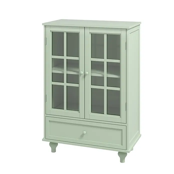 SONNENH Kommode 71 x 38 x 93 cm, Mintgrün -  - Hellgrüner Schrank mit zwei Glastüren mit Sprossen, einer unteren Schublade und kleinen runden Füßen zur Aufbewahrung und Präsentation.