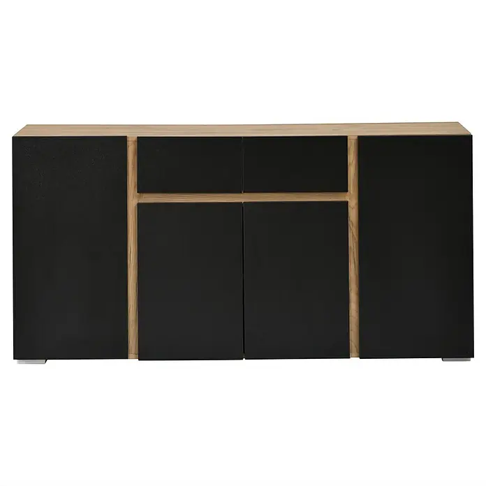 SONNENH Sideboard 140 x 35 x 70 cm, Schwarz -  - Modernes Sideboard mit heller Holzoptik und schwarzen Fronten, mit vier Türen und zwei oberen Schubladen.