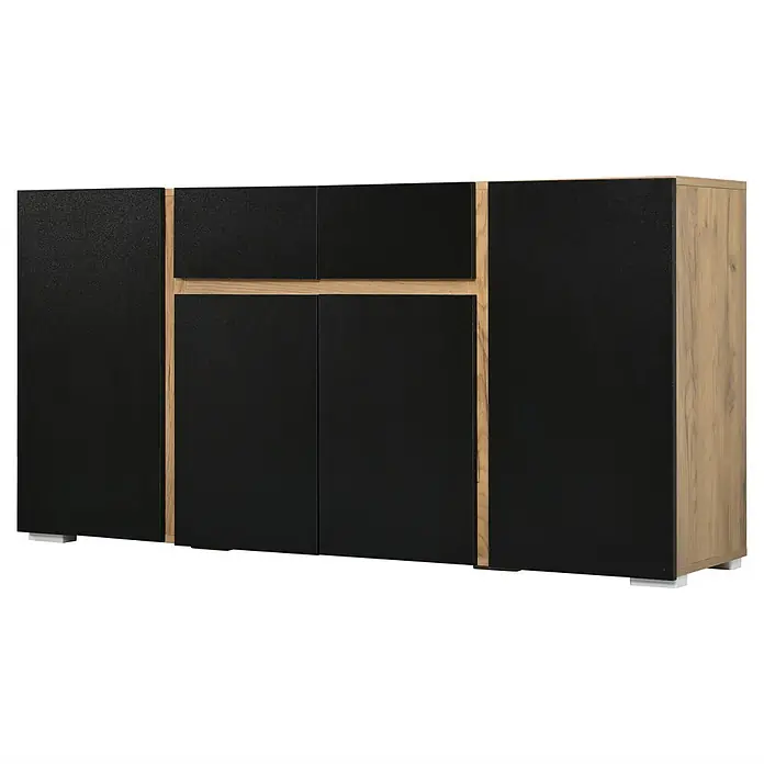 SONNENH Sideboard 140 x 35 x 70 cm, Schwarz -  - Sideboard mit schwarzen Strukturtüren und Akzenten aus Naturholz, bietet vielseitigen Stauraum.