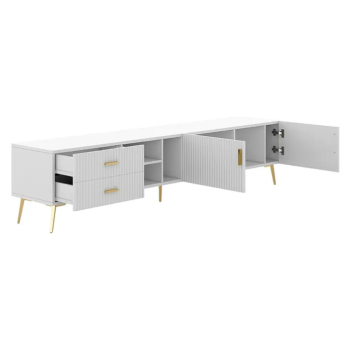 SONNENH Kommode 180 x 35 x 41 cm, Weiß -  - Weißes, modernes gerilltes Sideboard mit goldenen Beinen und Griffen, mit offenen Schubladen, Fächern und Schränken.