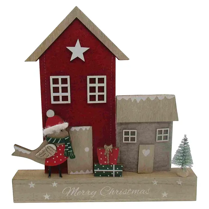 Dekofigur Winterhäuser aus Filz mit Vogel - L x B x H: 22 x 2,5 x 23 cm, Textil, Bunt - Festliche Weihnachtsdekoration aus Holz mit roten und grauen Häusern, Vogel, Geschenken und „Merry Christmas“ auf einem Sockel.