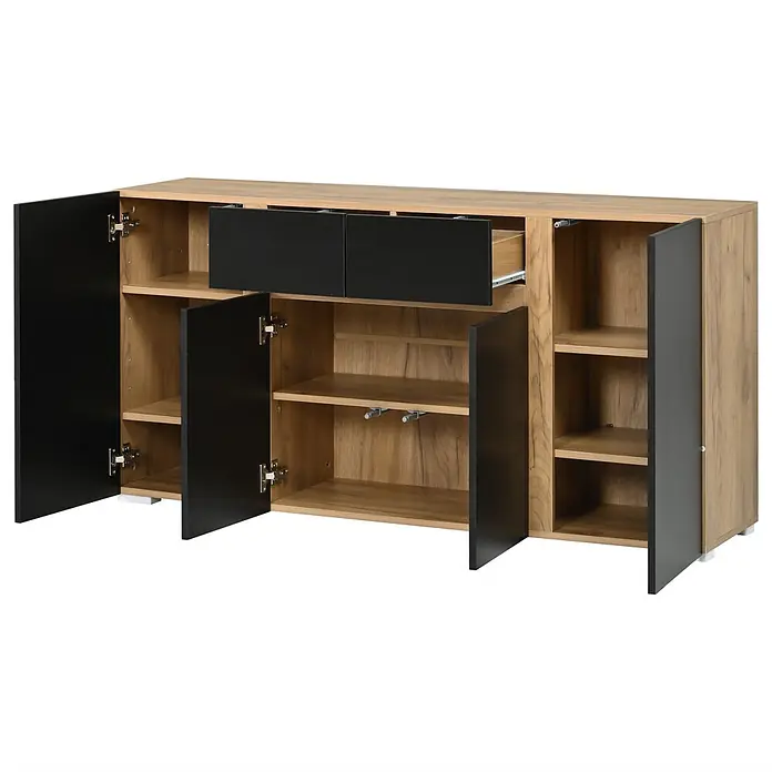 SONNENH Sideboard 140 x 35 x 70 cm, Schwarz -  - Ein Sideboard aus hellem Holz und Schwarz mit mehreren offenen Türen und einer teilweise geöffneten Schublade, die Einlegeböden zeigt.