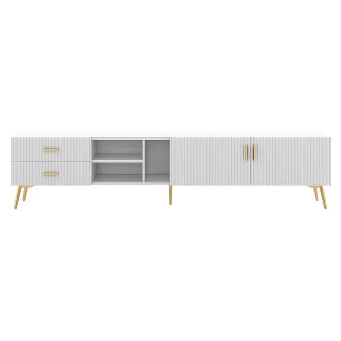 SONNENH Kommode 180 x 35 x 41 cm, Weiß -  - Weißes geripptes Sideboard mit zwei Schubladen, offenen Fächern und zwei Schranktüren, mit goldenen Griffen und Beinen.
