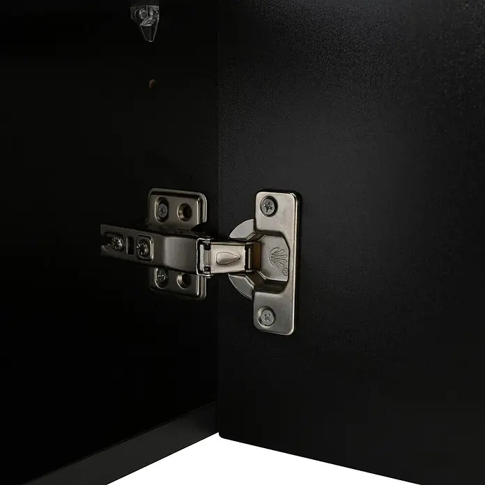 SONNENH Kommode 175 x 38 x 56 cm, Schwarz -  - Schranktürscharnier aus silbernem Metall, montiert in einem dunklen, texturierten Schrankinneren mit teilweise geöffneter Tür.