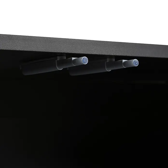 SONNENH Kommode 175 x 38 x 56 cm, Schwarz -  - Drei graue Soft-Close-Dämpfer mit blauen Spitzen, unter einer dunklen, strukturierten Platte montiert.