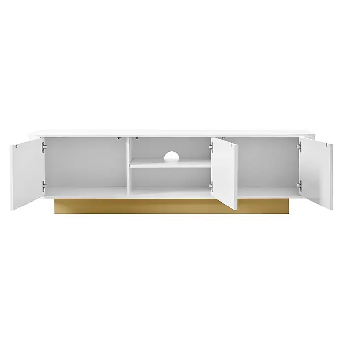 SONNENH Kommode 170 x 40,5 x 47 cm, Weiß -  - Weißes Medienboard mit vier geöffneten Türen, Stauraum und Kabelloch, auf goldenem Sockel.
