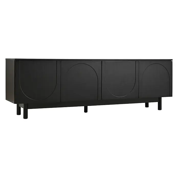SONNENH Kommode 175 x 38 x 56 cm, Schwarz -  - Matt schwarzes Sideboard mit vier Türen, die dekorative kreisförmige Muster und kurze Beine aufweisen.