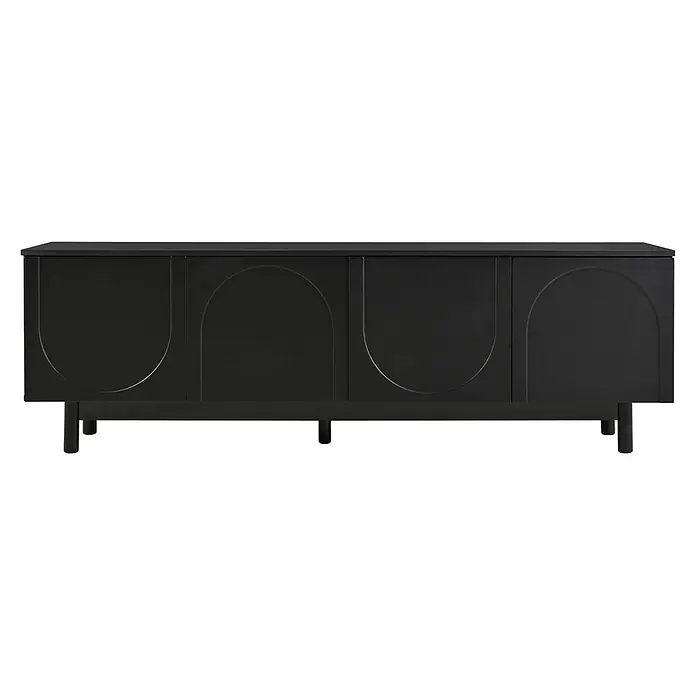 SONNENH Kommode 175 x 38 x 56 cm, Schwarz -  - Schwarzes Sideboard mit vier Türen und geprägten halbkreisförmigen Mustern, auf kurzen Beinen.
