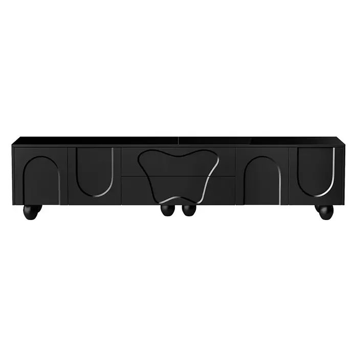 SONNENH Kommode 180 x 40 x 42 cm, Schwarz -  - Schwarzes TV-Lowboard mit gewölbten und gewellten Schnitzmustern, Schränken und Schubladen, auf Kugelfüßen.