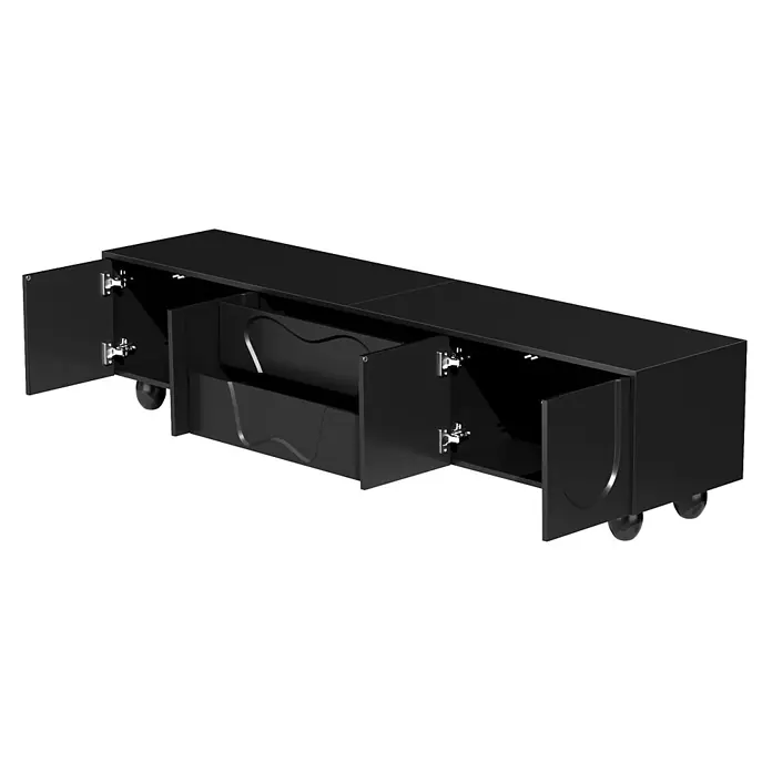 SONNENH Kommode 180 x 40 x 42 cm, Schwarz -  - Schwarze Medienkonsole mit zwei offenen Seitenschränken, sichtbaren Scharnieren und zwei offenen Mittelschubladen mit gewelltem Frontdesign, auf Rollen.