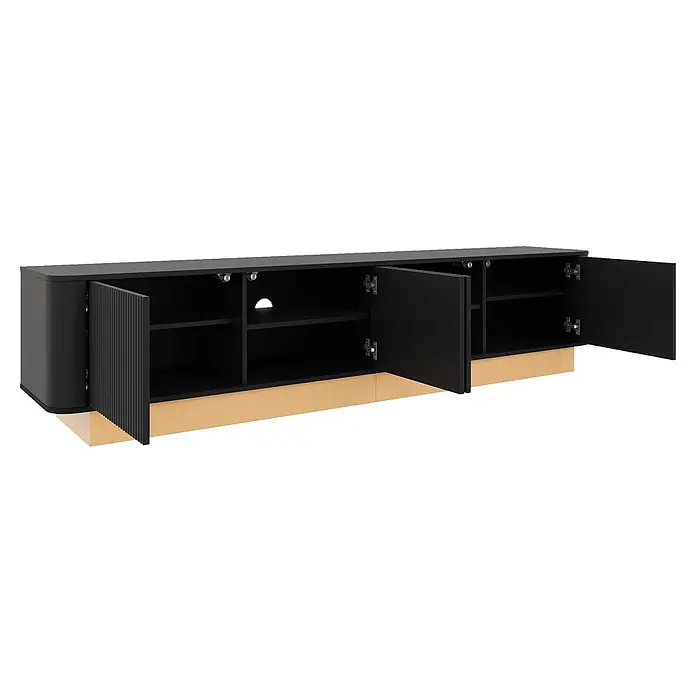 SONNENH Medienkommode 200 x 40 x 47,5 cm, Schwarz -  - Schwarzes TV-Möbel mit hellem Holzsockel, offenen Türen, Regalböden, einer gerippten Tür und Kabelöffnung.