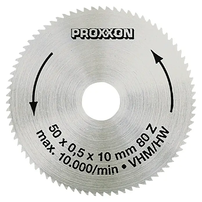 Proxxon Disco de sierra N.º 28011 - Diámetro: 50 mm, Diámetro orificio de alojamiento: 10 mm, Metal duro macizo - Disco de corte Proxxon 50 x 0,5 x 10 mm, ideal para cortes precisos con una velocidad máxima de 10.000 rpm.