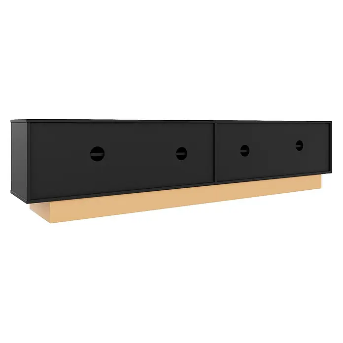 SONNENH Medienkommode 200 x 40 x 47,5 cm, Schwarz -  - Schwarze Medienkonsole mit vier Schiebetüren und runden Griffaussparungen auf hellbraunem Sockel.