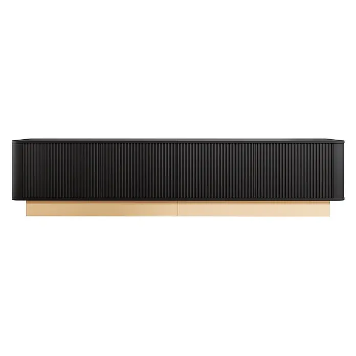 SONNENH Medienkommode 200 x 40 x 47,5 cm, Schwarz -  - Schwarzer gerippter Schrank mit abgerundeten Ecken und hellbraunem Sockel.