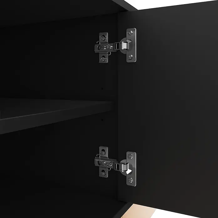 SONNENH Medienkommode 200 x 40 x 47,5 cm, Schwarz -  - Innenansicht eines dunklen Schranks mit offener Tür, zwei silbernen Metallscharnieren und einem Einlegeboden.