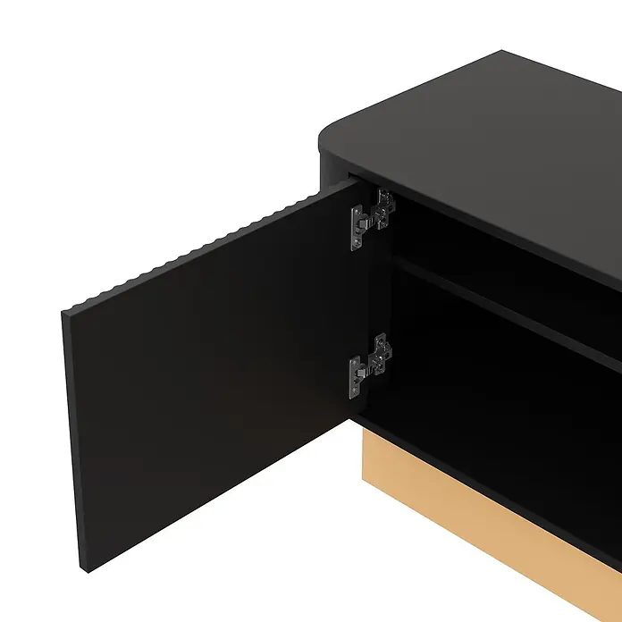 SONNENH Medienkommode 200 x 40 x 47,5 cm, Schwarz -  - Schwarzer Schrank mit offener Tür, zeigt Innenregale und Scharniere. Die Tür hat eine wellige Kante und der Schrank hat einen goldenen Sockel.