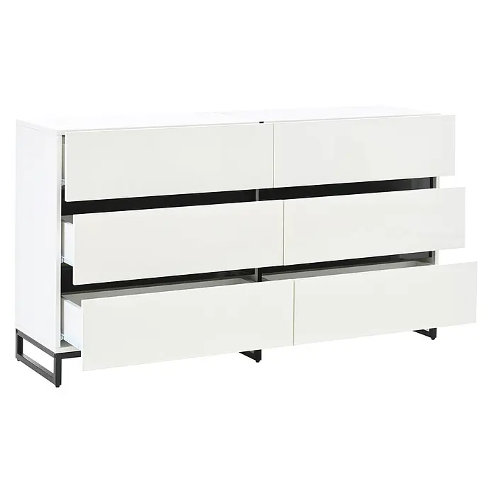 SONNENH Kommode 140 x 39,5 x 78,5 cm, Weiß -  - Weiße Kommode mit sechs teilweise geöffneten Schubladen auf schwarzem Metallgestell.